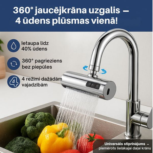 360° pagriežams jaucējkrāna uzgalis ar 4 izsmidzināšanas režīmiem – ekonomiskāka un jaudīgāka mazgāšana