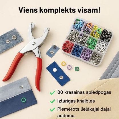 Pogu (spiedpogu) montāžas komplekts (komplektā knaibles + 80 krāsainas metāla spiedpogas)