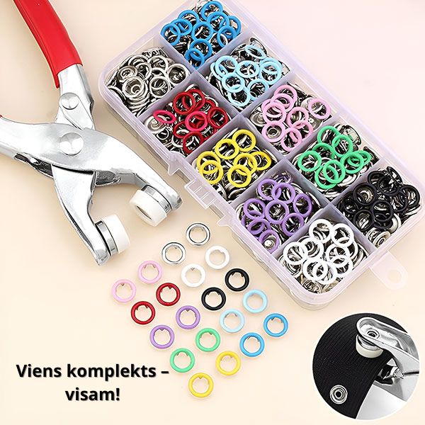 Pogu (spiedpogu) montāžas komplekts (komplektā knaibles + 80 krāsainas metāla spiedpogas)