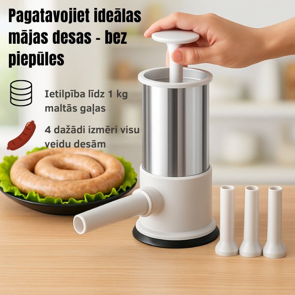Rokas desu pildītājs ar 4 uzgaļiem – vienkāršs veids, kā pagatavot ideālas mājas desas