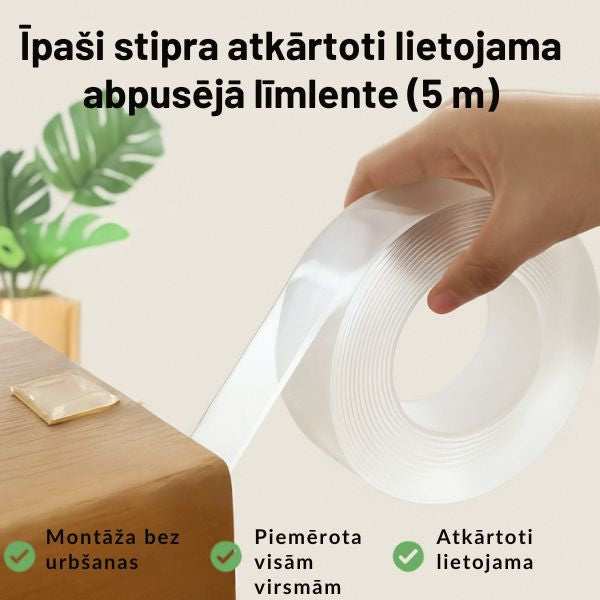 Atkārtoti lietojama īpaši stipra caurspīdīga abpusējā līmlente – spēcīga fiksācija bez urbšanas un liekām pūlēm (5 m)
