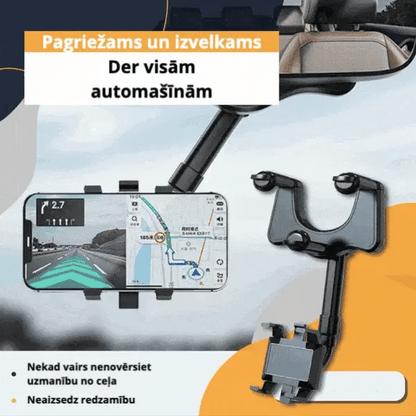 Pagriežams un izvelkams automašīnas tālruņa turētājs uz spoguļa (Der visām automašīnām).