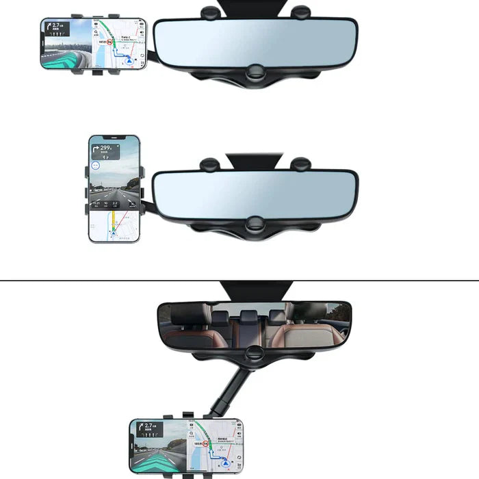 Pagriežams un izvelkams automašīnas tālruņa turētājs uz spoguļa (Der visām automašīnām).